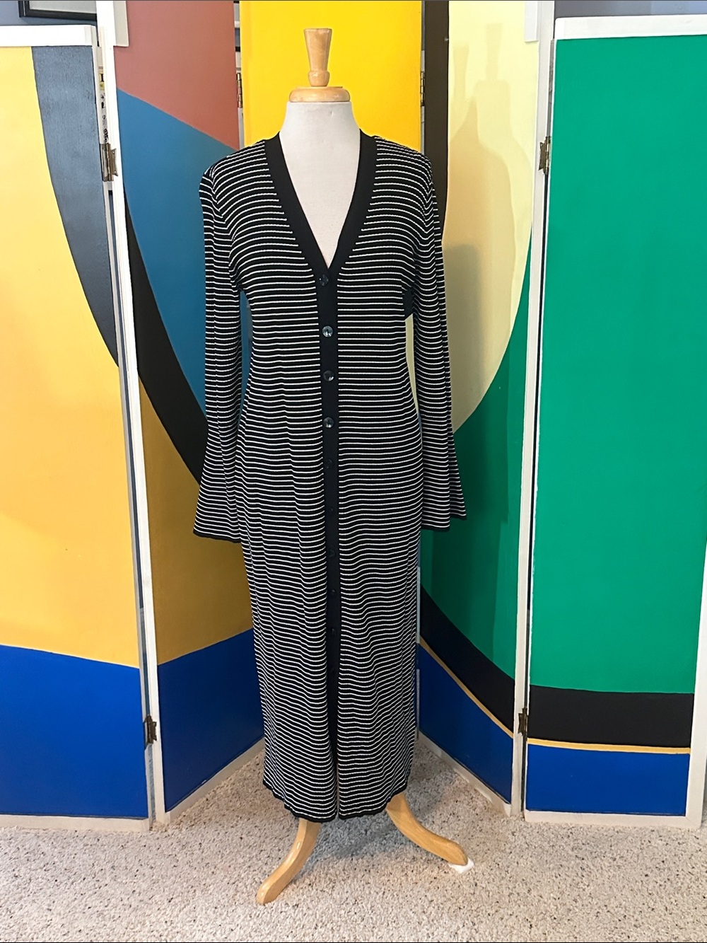 a new day Black & White Striped Button-Front Maxi Cardigan Dress